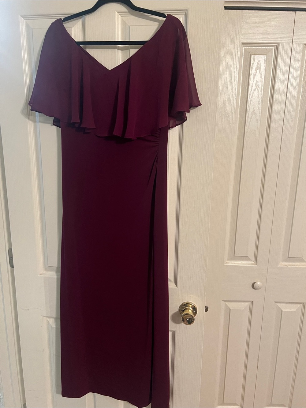 connected apparel Off-Shoulder Ruffle Maxi Dress in Burgundy